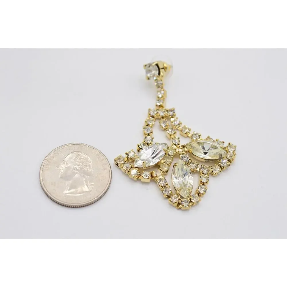Vintage Crystal Earrings Shiny Gold Prong Rhinestone Dangle NOS 1980s BinAA
